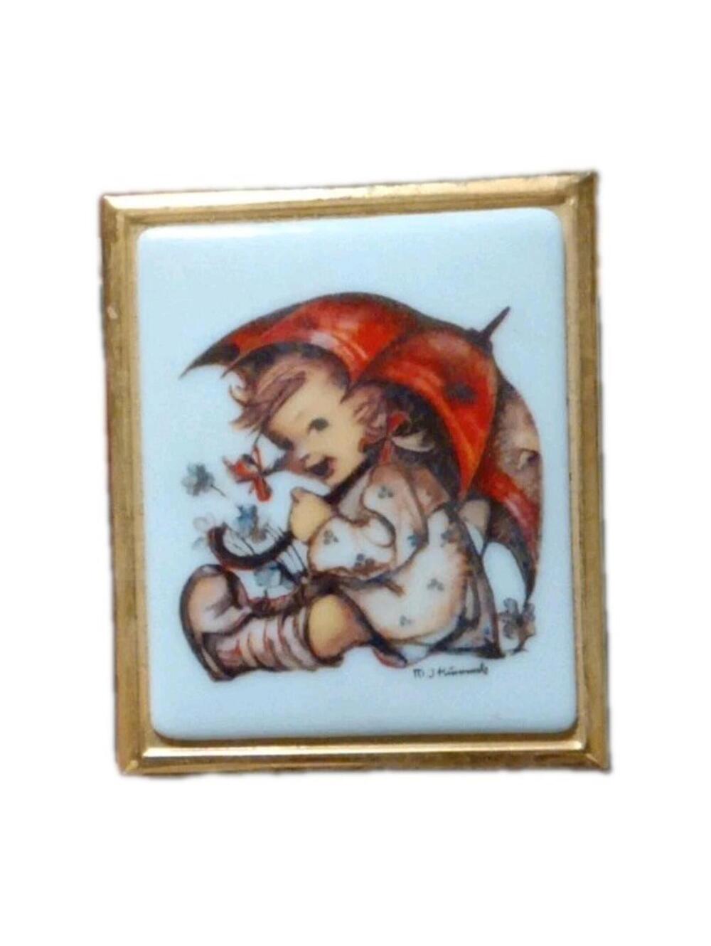 Vintage Hummel Trinket Pill Box- 3"x 2 1/2" Little Girl With Umbrella